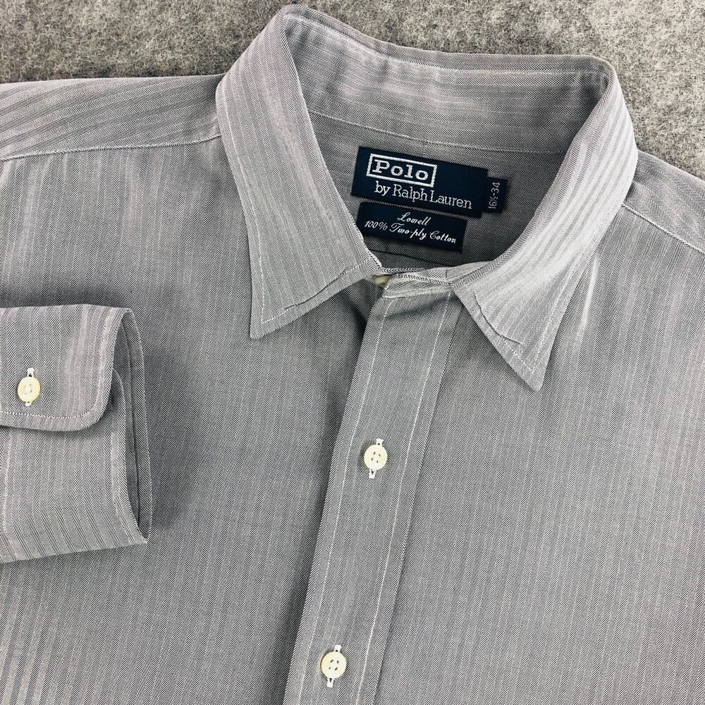 Polo Ralph Lauren Mens Button Up 16.5 Large Gray Stripe Long Sleeve Lowell 2-Ply